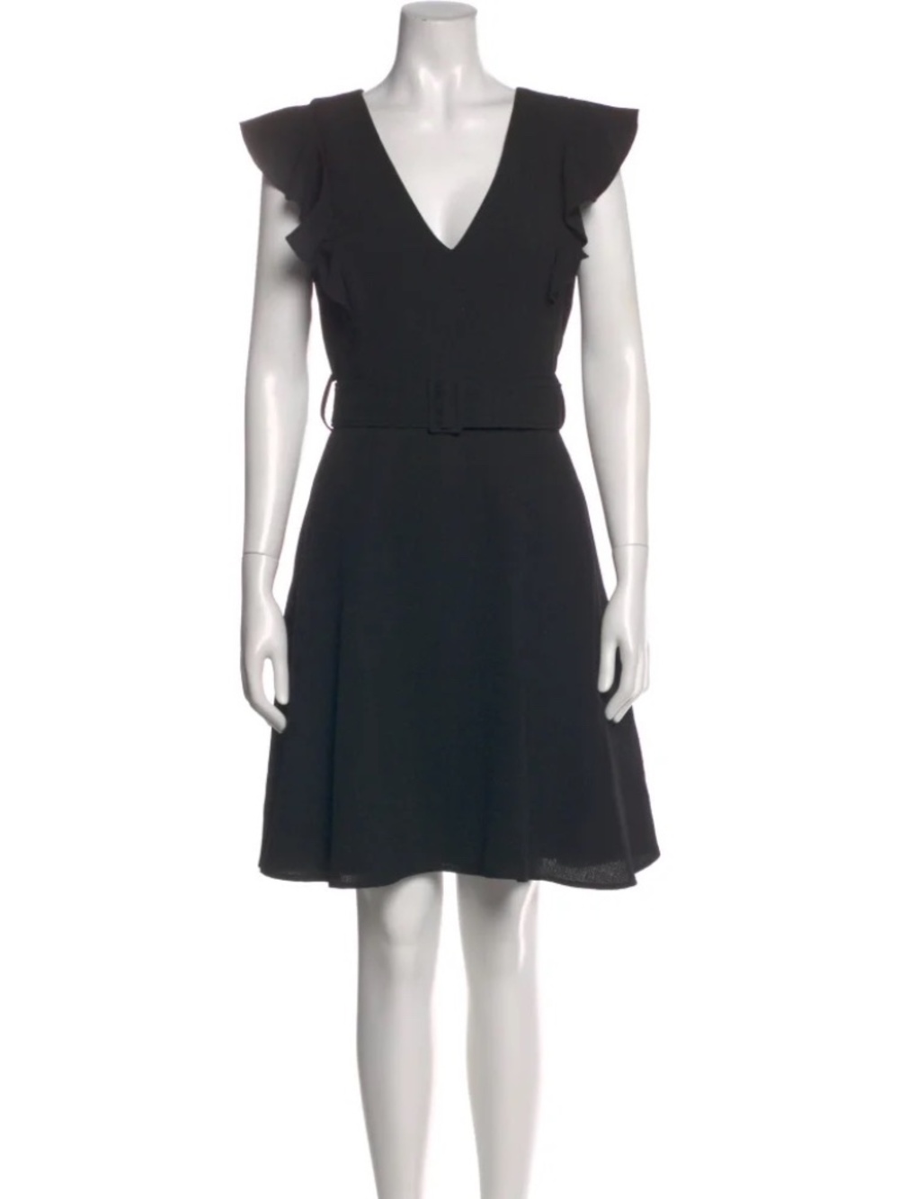 Black Halo Black Flutter Sleeve Belted V-Neck Fit & Flare Dress Size 0